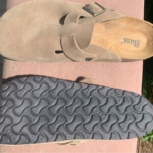 Bass Taupe Suede Buckle Clogs